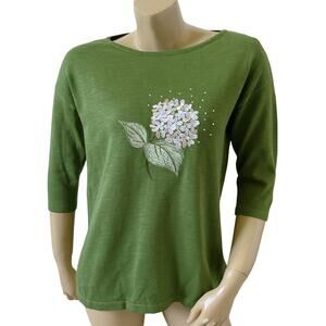 Bua Bua Sweater Womens Small Green Floral Rhinestone Embroidered 3/4 Sleeve